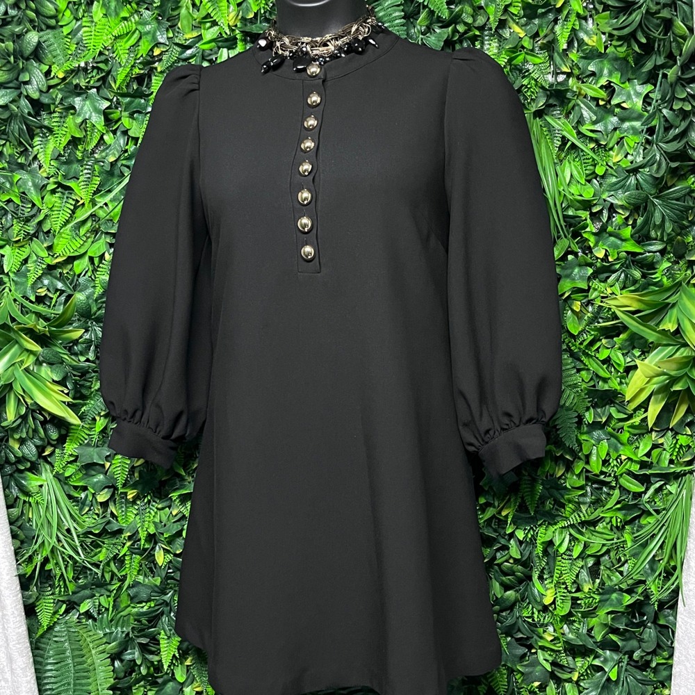 Tuckernuck Pomander Place Dress Large Black Puff Sleeve Gold Button Shift 3931